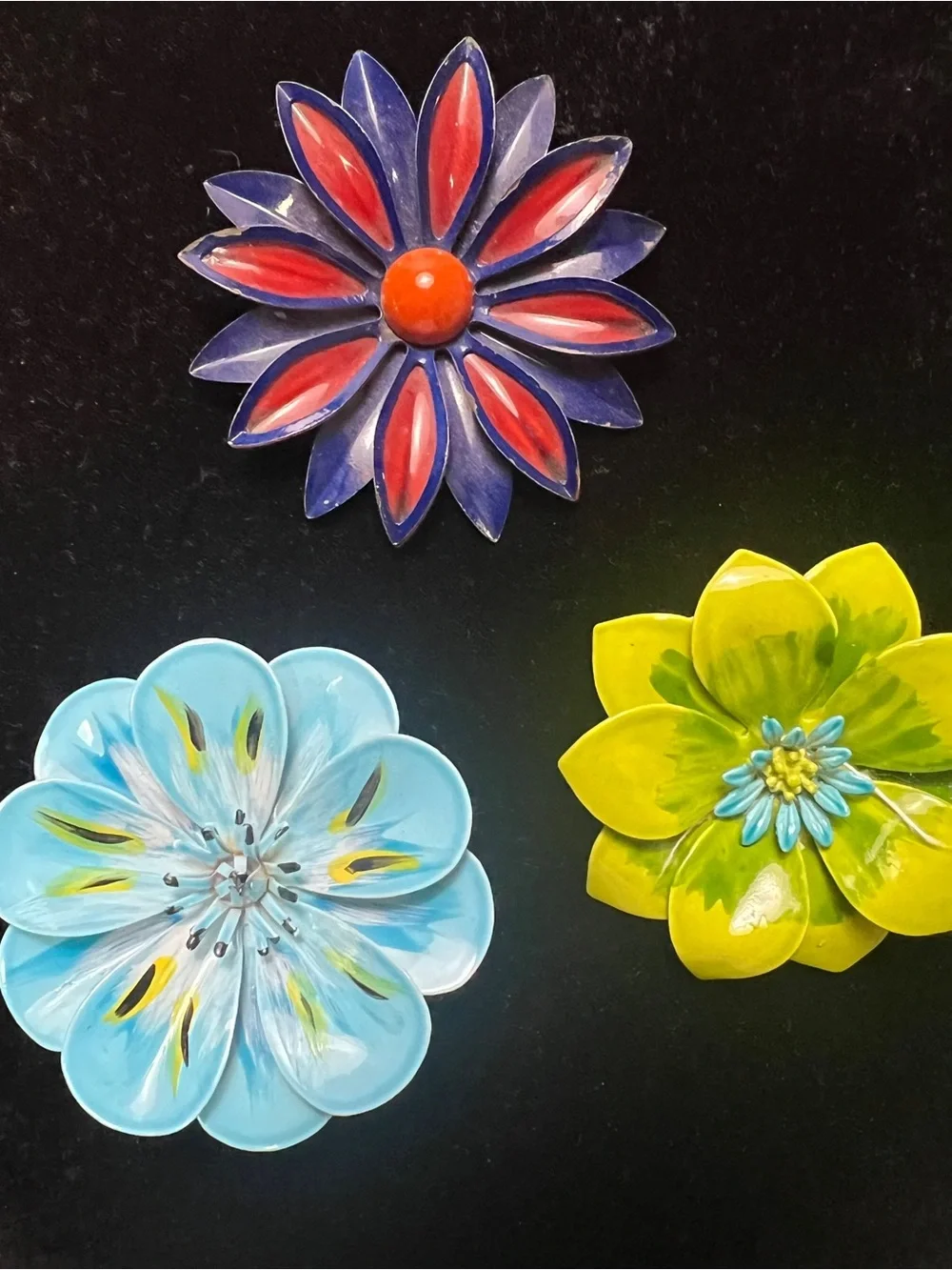 Vintage Three-Piece Floral Brooch Trio - Yellow, Blue & Red